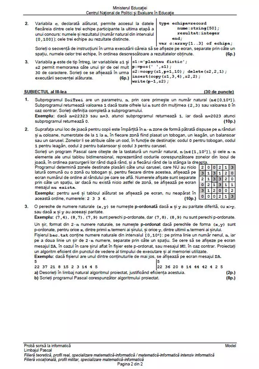 Modele de subiecte la Informatică pentru BAC 2023