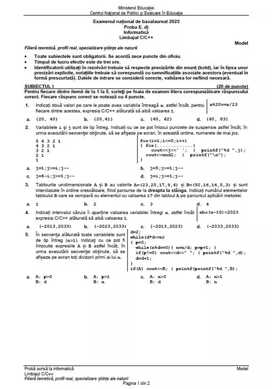 Modele de subiecte la Informatică pentru BAC 2023