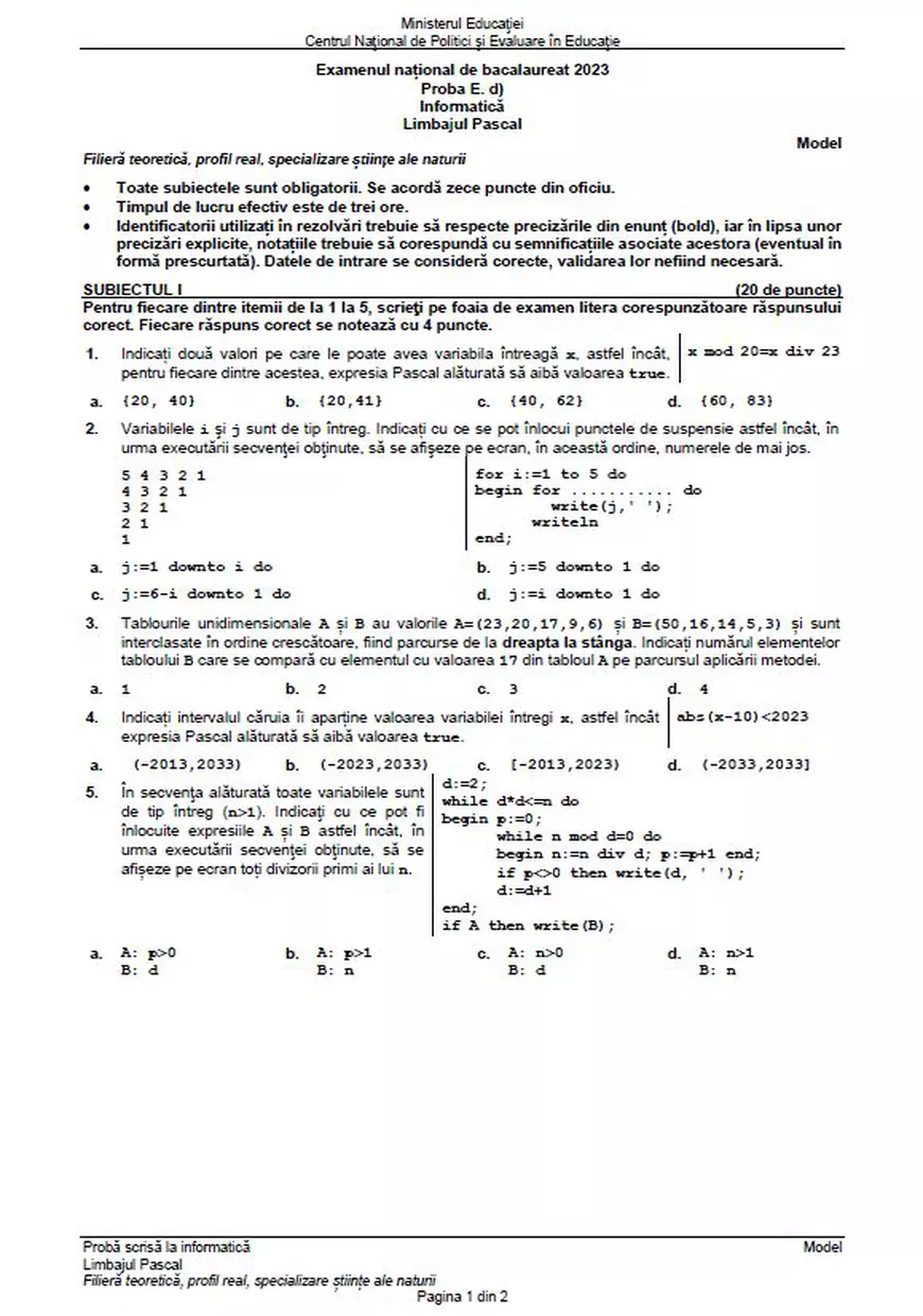 Modele de subiecte la Informatică pentru BAC 2023