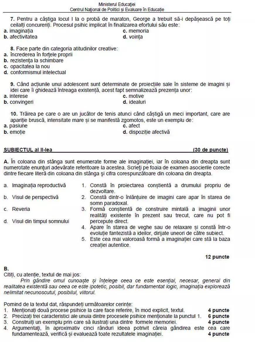Modele de subiecte la psihologie pentru Bacalaureat 2023