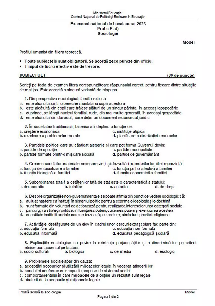 Modele de subiecte la sociologie pentru Bacalaureat 2023