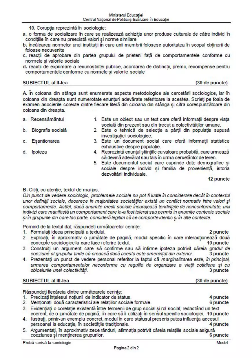 Modele de subiecte la sociologie pentru Bacalaureat 2023