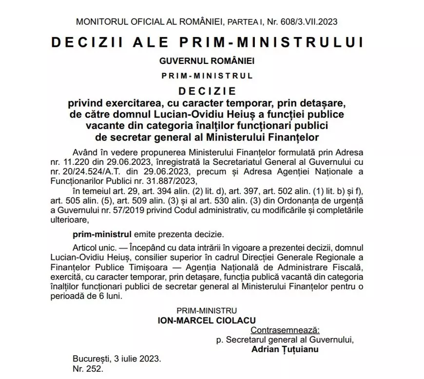 Fost șef ANAF, Lucian Heiuș a fost numit secretar general la Ministerul Finanțelor