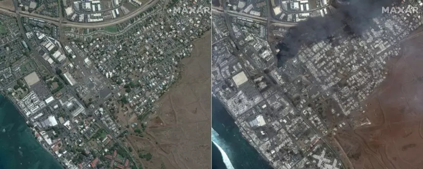 Înainte și după dezastru. Imagini din satelit cu urmările incendiilor din Hawaii, în care 80 de oameni au murit