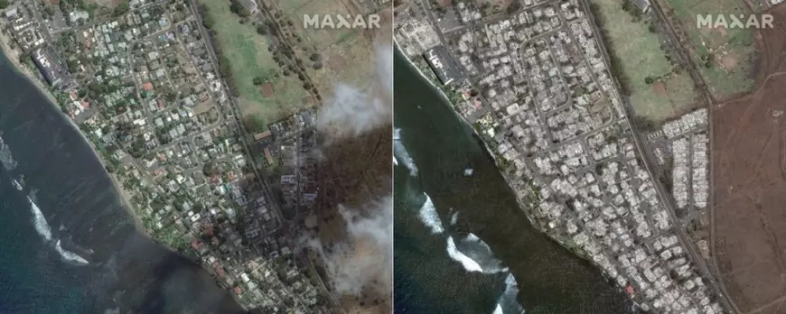 Înainte și după dezastru. Imagini din satelit cu urmările incendiilor din Hawaii, în care 80 de oameni au murit