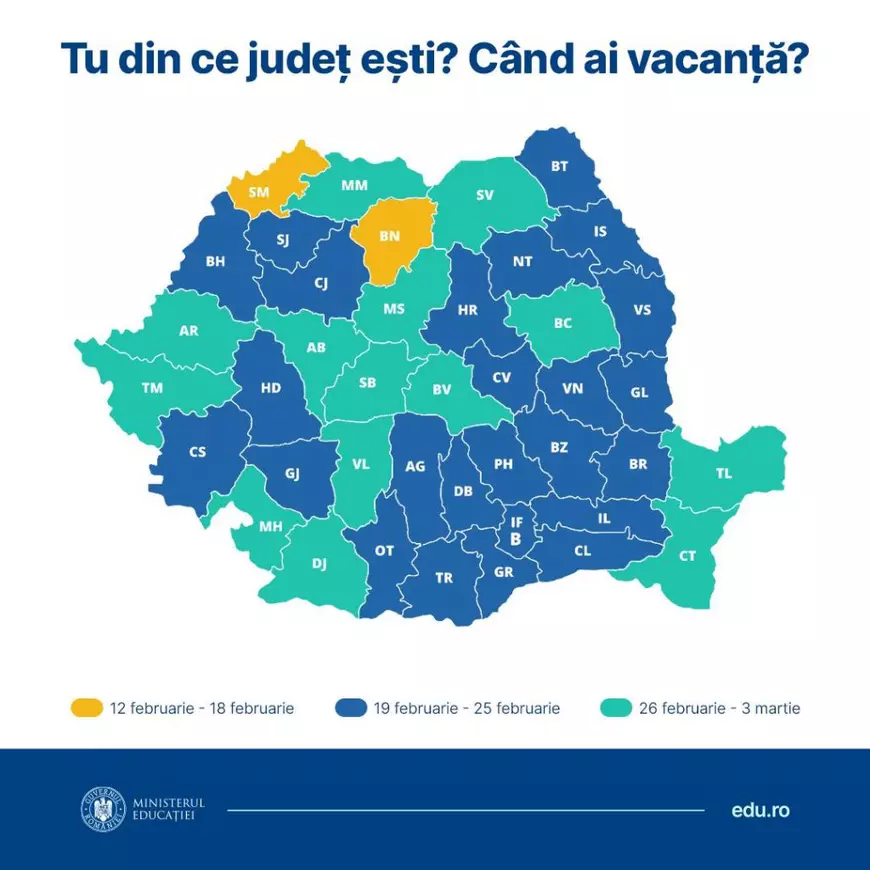 Structura anului școlar 2023-2024 - Harta României, în care sunt subliniate perioadele pentru vacanta de schi în fiecare judeţ.