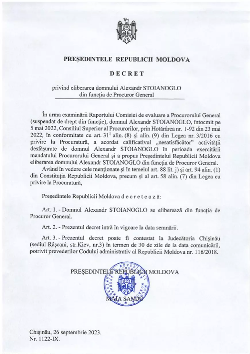 Procurorul general al Republicii Moldova a fost demis prin decretul semnat de Maia Sandu. Care este motivul