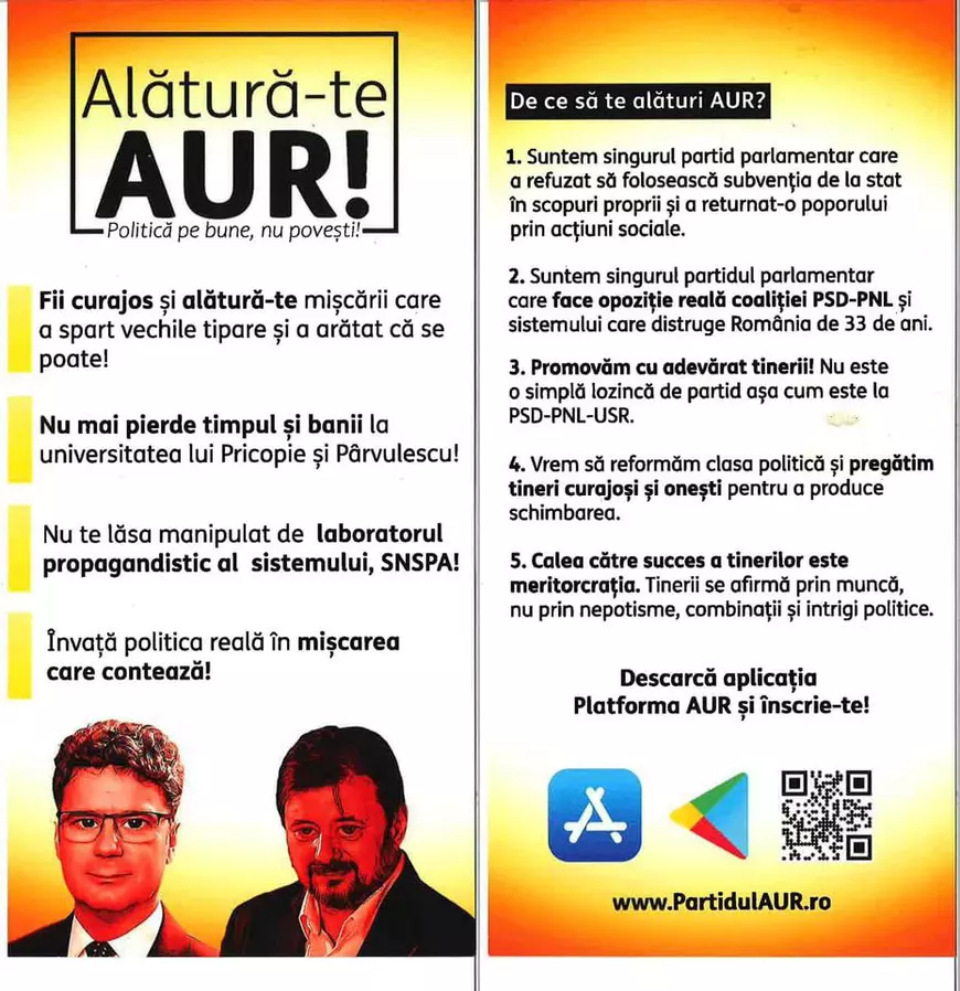 Reacția Consiliului Național al Rectorilor după ce AUR a distribuit pliante la SNSPA prin care a îndemnat tinerii să intre în partid