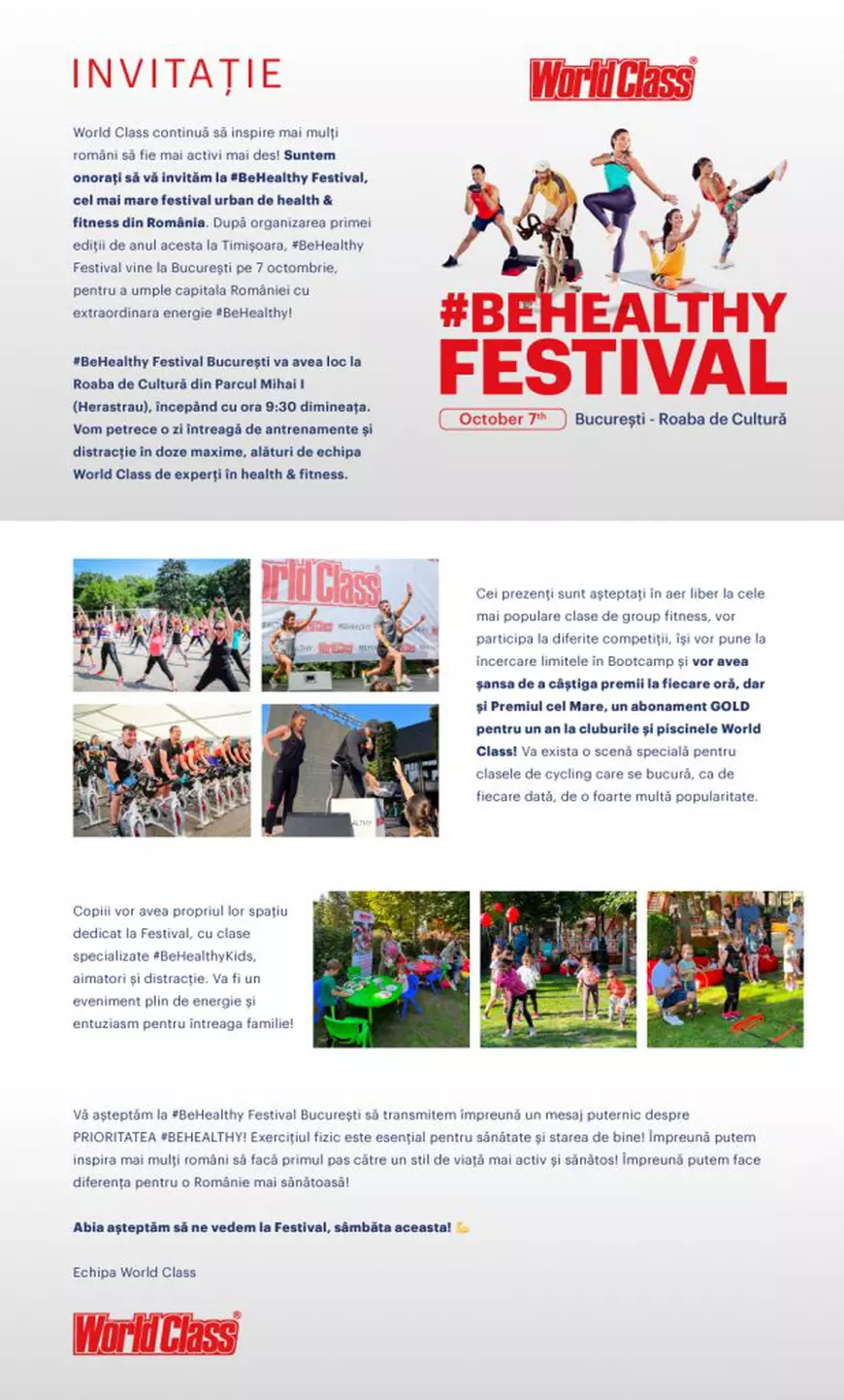 Festivalul World Class: #BeHealthy, pe 7 octombrie în București, cu acces GRATUIT la toate antrenamentele, provocările și activitățile pregătite!