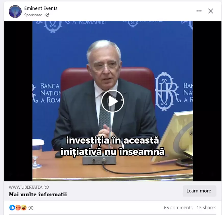Imaginea site-ului Libertatea, folosită în deep fake-ul cu guvernatorul BNR Mugur Isărescu. Banca centrală avertizează împotriva fraudelor