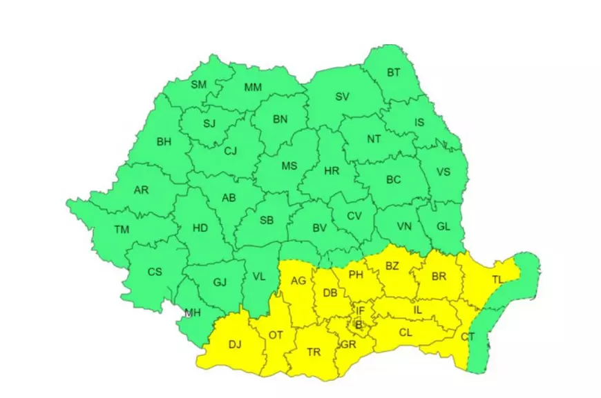 Aproape toată țara, sub cod galben de ploi și vijelii. Temperaturile ridicate se mențin în sud. Harta județelor afectate