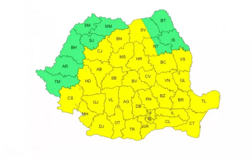 Aproape toată țara, sub cod galben de ploi și vijelii. Temperaturile ridicate se mențin în sud. Harta județelor afectate
