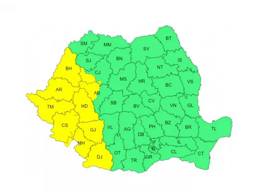 Alerte meteo de vijelii și caniculă. Zonele aflate sub avertizări de cod galben
