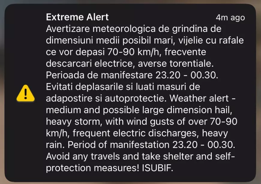 Cod roșu de furtună în București și în Ilfov: vijelie, grindină de mari dimensiuni, ploi torențiale. Curse aeriene deviate spre Bulgaria. A fost emis mesaj prin Ro-Alert
