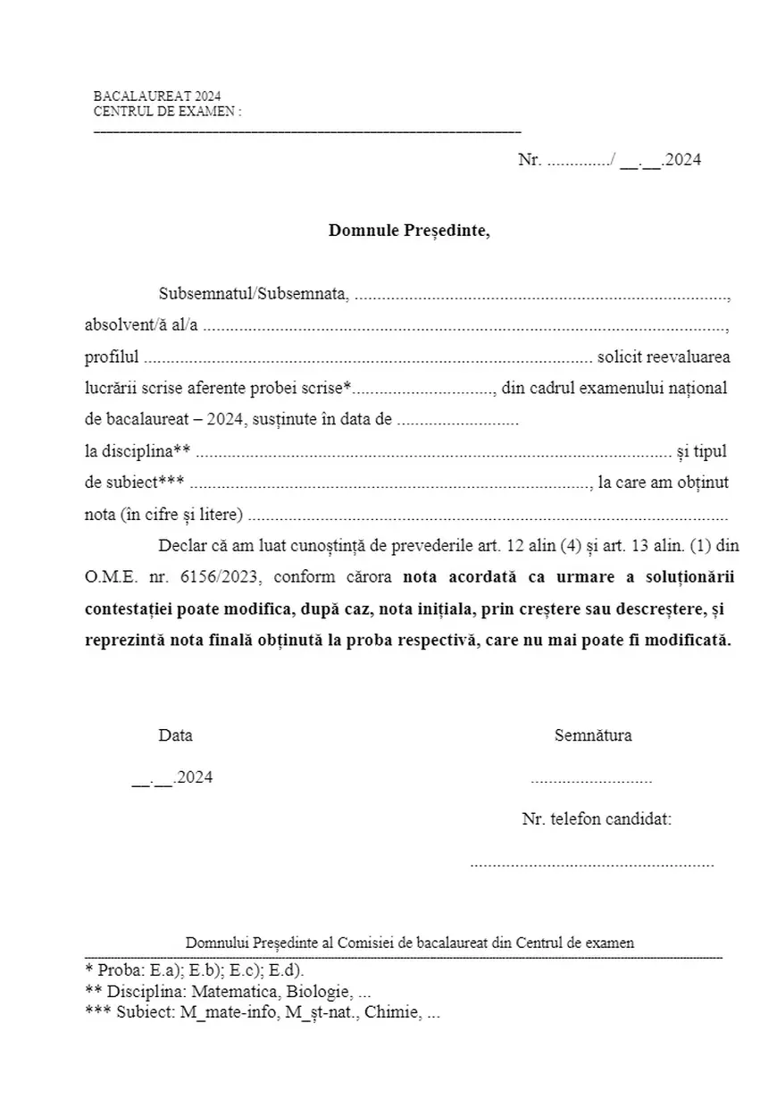 Model cerere de contestație pentru Bac 2024