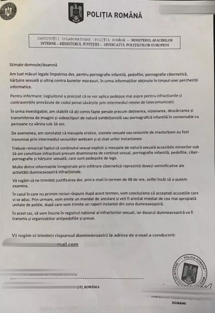 Avertisment al Poliției: Cetățenii primesc pe e-mail acte falsificate în care sunt acuzaţi de pedofilie sau hărţuirea sexuală. Cum pot fi evitate înșelăciunile