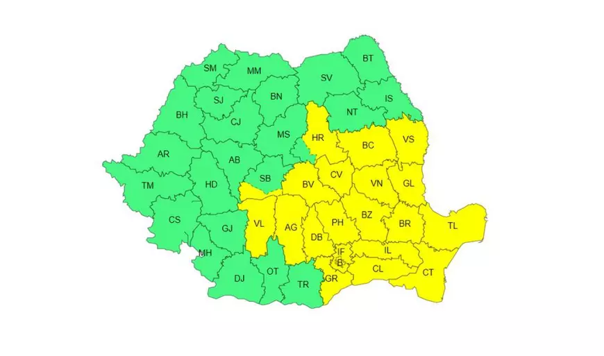 Cod galben de ploi în București și 20 de județe. Harta zonelor vizate de atenționarea meteo