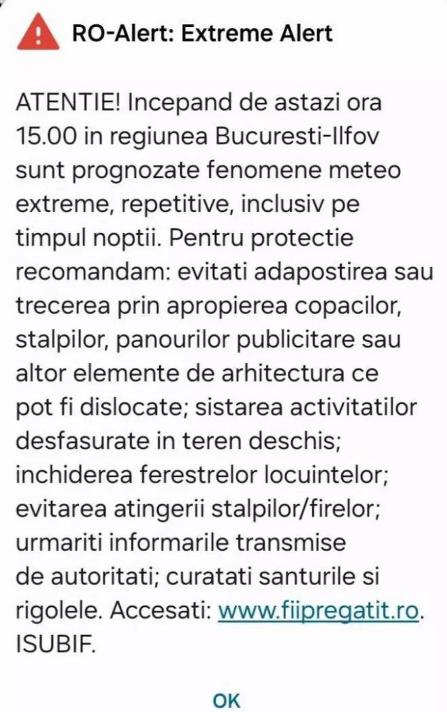 Mesaj „alertă extremă” pentru București - Ilfov: „Fenomene meteo extreme, repetitive, inclusiv în timpul nopții”