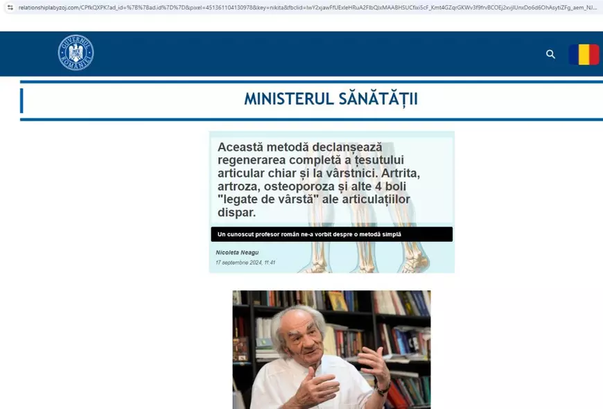 Imaginea Andreei Esca, a medicului Leon Dănăilă și sigla Guvernului, folosite într-o știre „scrisă” de inteligența artificială. Scopul: vânzarea unei creme