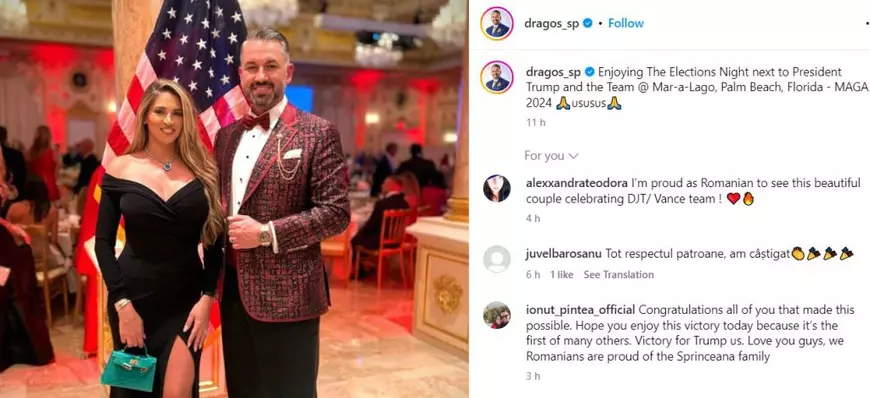 Dragoș Sprînceană și soția sa la petrecerea de la Mar-a-Lago după victoria lui Donald Trump în alegerile prezidențiale Foto: Instagram/ dragos_sp