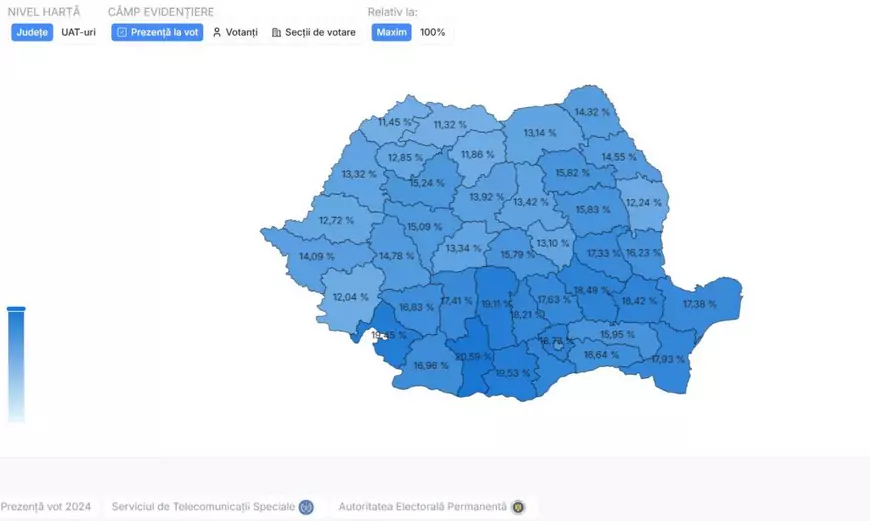 Harta prezenței la vot pe județe până la ora 12.00