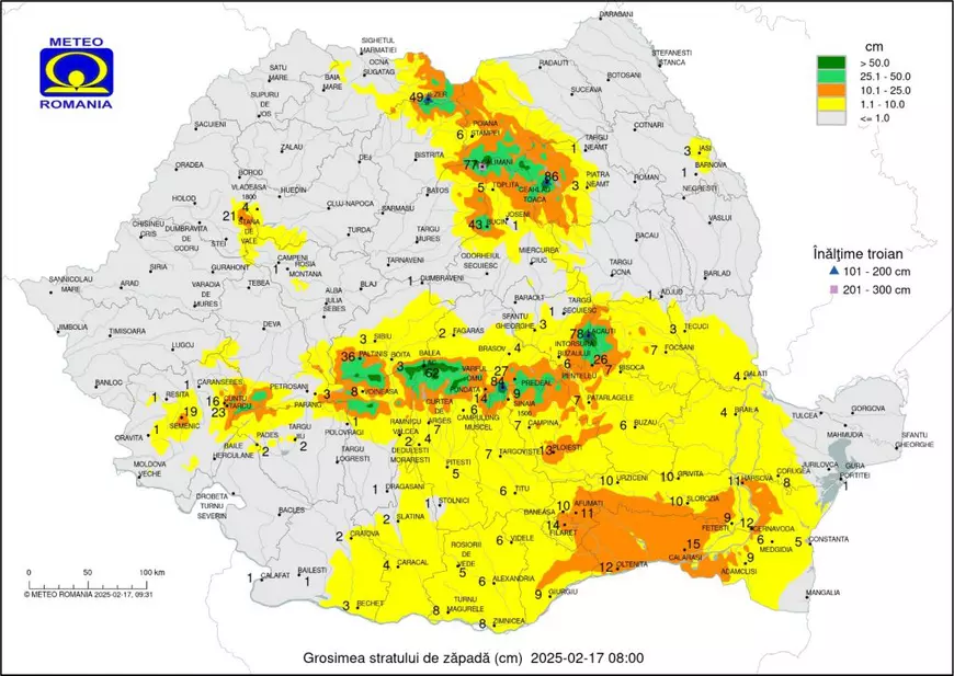 Hartă ANM strat de zăpadă - 17 februarie, ora 8.00
