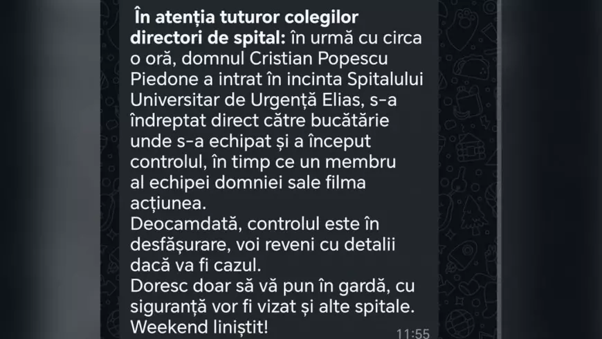 Mesaj transmis de Spitalul Elias către alți directori de spitale în legătură cu controalele ANPC