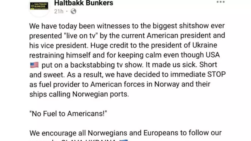 Mesaj postat pe Facebook de compania Haltbakk în care anunță că oprește furnizarea de combistibil către SUA