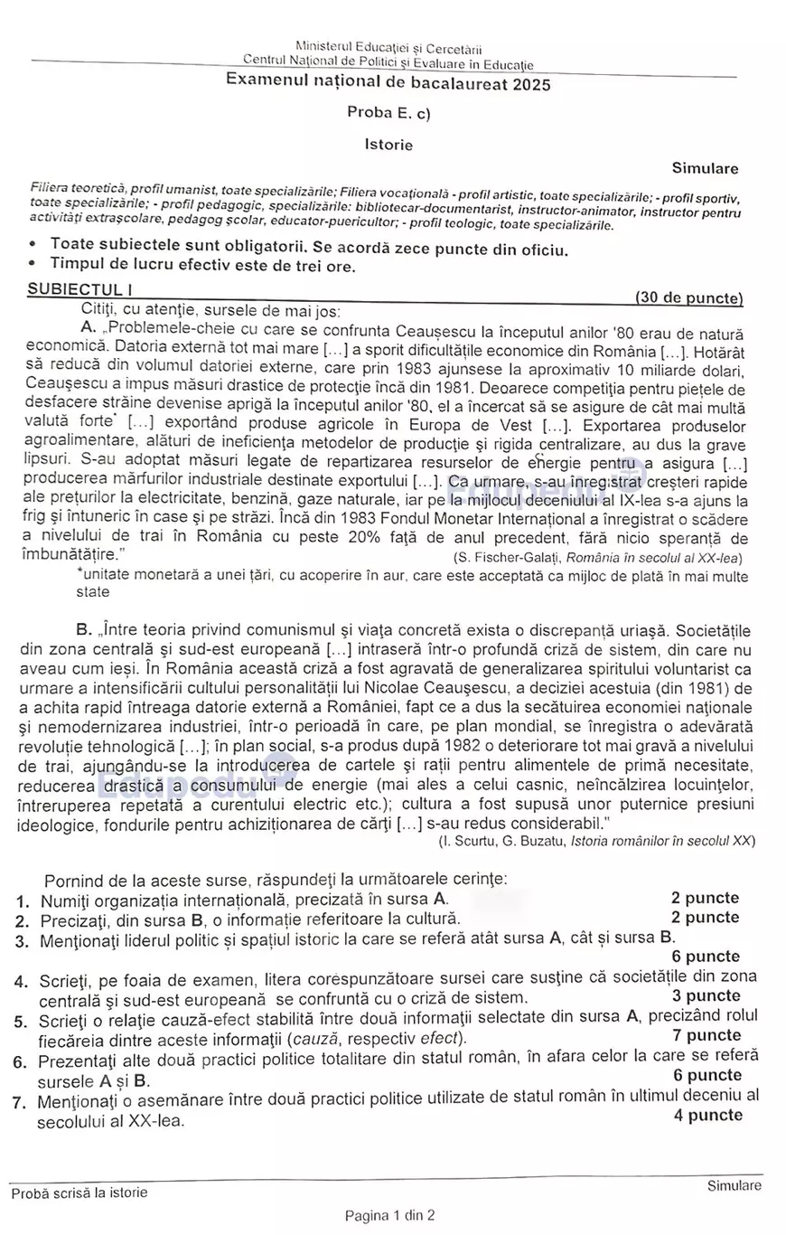 Subiecte istorie simulare bac 2025 ce a picat la simulare bac istorie 2025