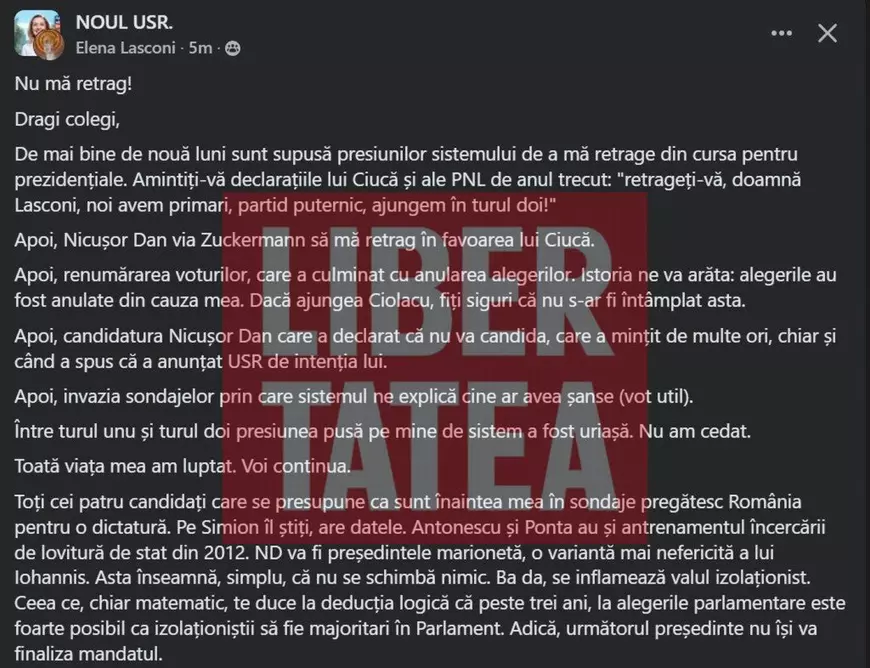 Elena Lasconi, mesaj tăios pe grupul intern: „Găşti din USR mi-au cerut să mă retrag. Nicușor Dan va fi un preşedinte marionetă, o variantă mai nefericită a lui lohannis”