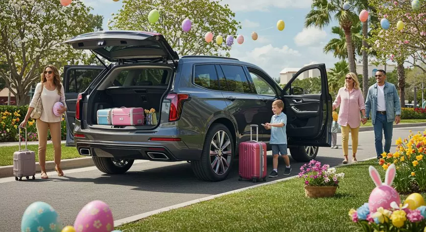 Vacanţa de Paşte 2025 – Când începe şi cât durează - Imagine cu trei adulţi şi un copil, care pun bagaje într-o maşină SUV, pentru a pleca în vacanţă de Paşte.