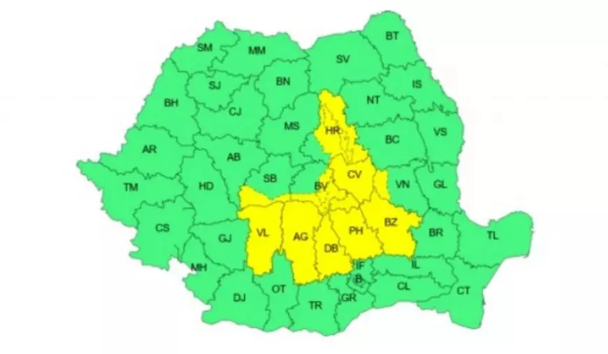 Harta județelor afectate de codul galben de ploi și furtuni emis de ANM, valabil pentru perioada 29-30 mai 2025