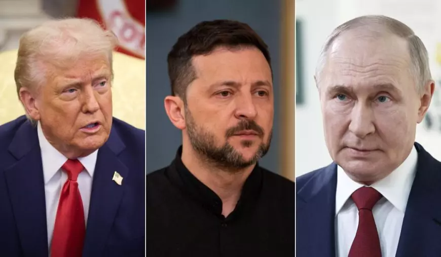 Colaj cu Donald Trump (stânga), Volodimir Zelenski (în centru) și Vladimir Putin Foto: Hepta