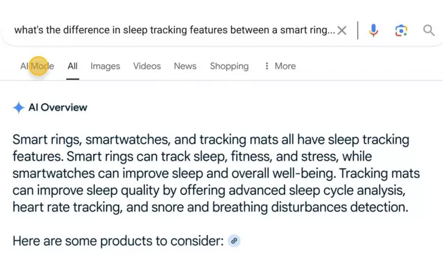 O pagină cu rezultate din noul mod AI din Google Search.