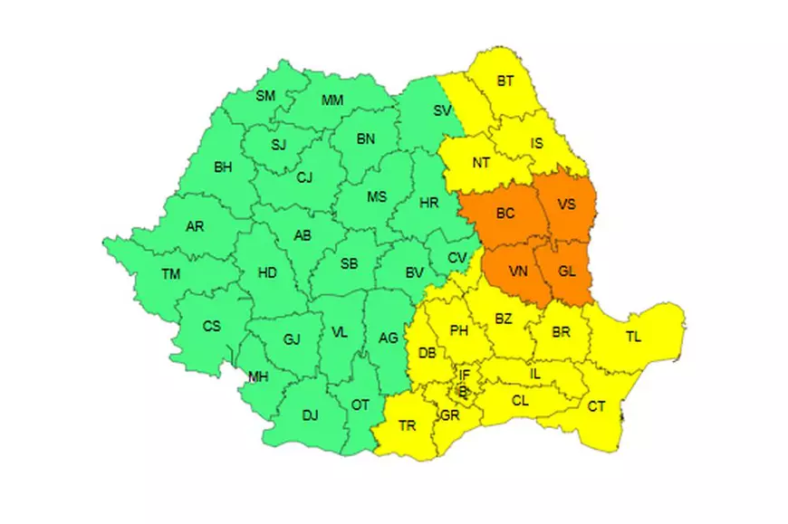 Cod portocaliu și galben de ploi torențiale, vijelii și grindină în mare parte din țară. Vremea se răcește accentuat