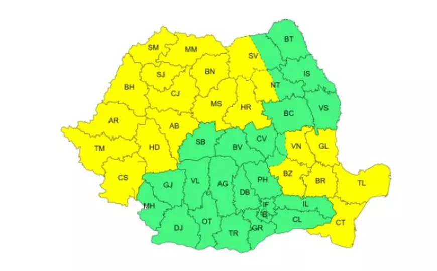 Hartă cod galben ploi și vijelii, valabil în intervalul 15 mai ora 10.00 - 15 mai ora 22.00