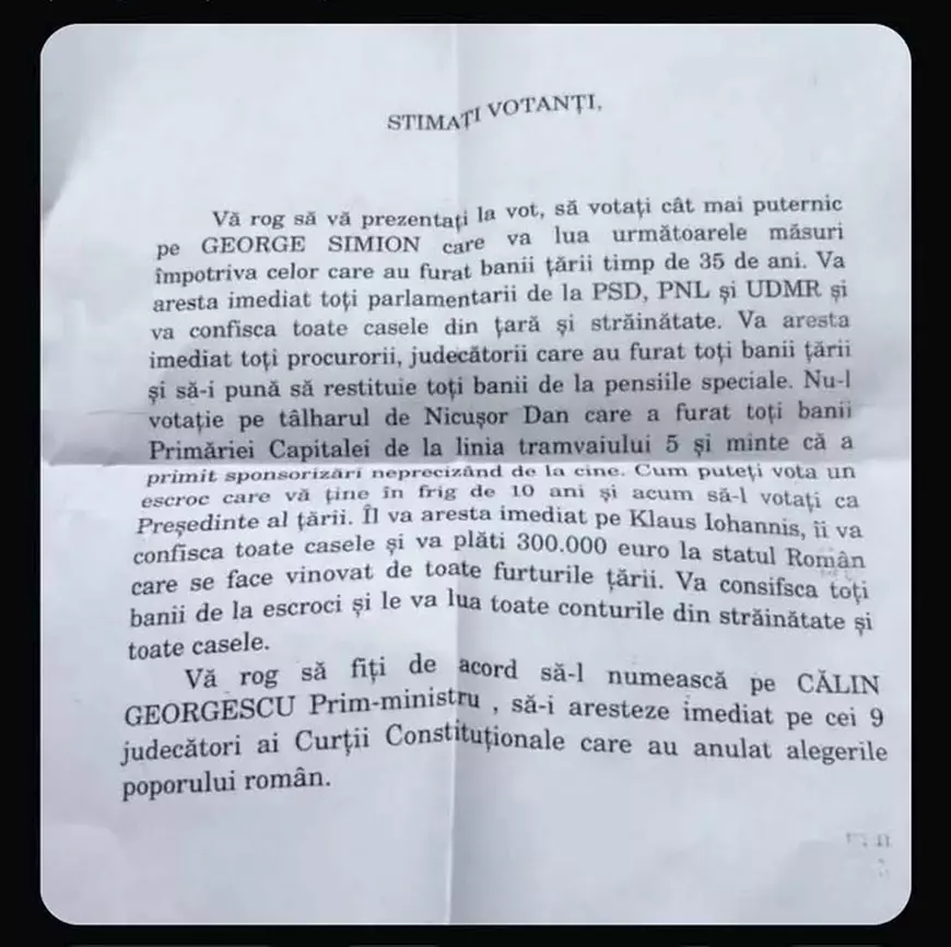 Scrisori distribuite în Sibiu în care alegătorilor li se promite că Georgescu va fi prim-ministru, iar Iohannis va fi arestat și i se vor lua casele