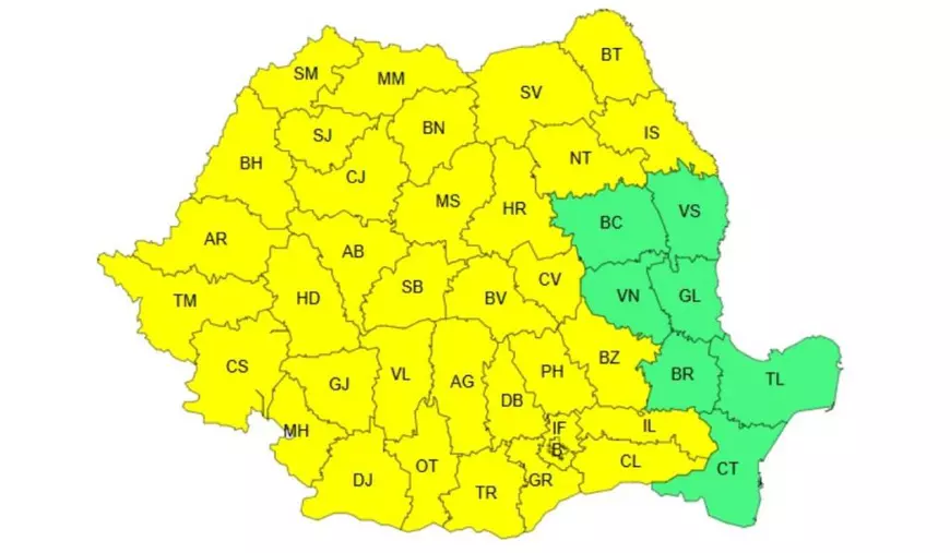 Harta zonelor afectate de un cod galben de caniculă emis de ANM pentru joi, 5 iunie 2025