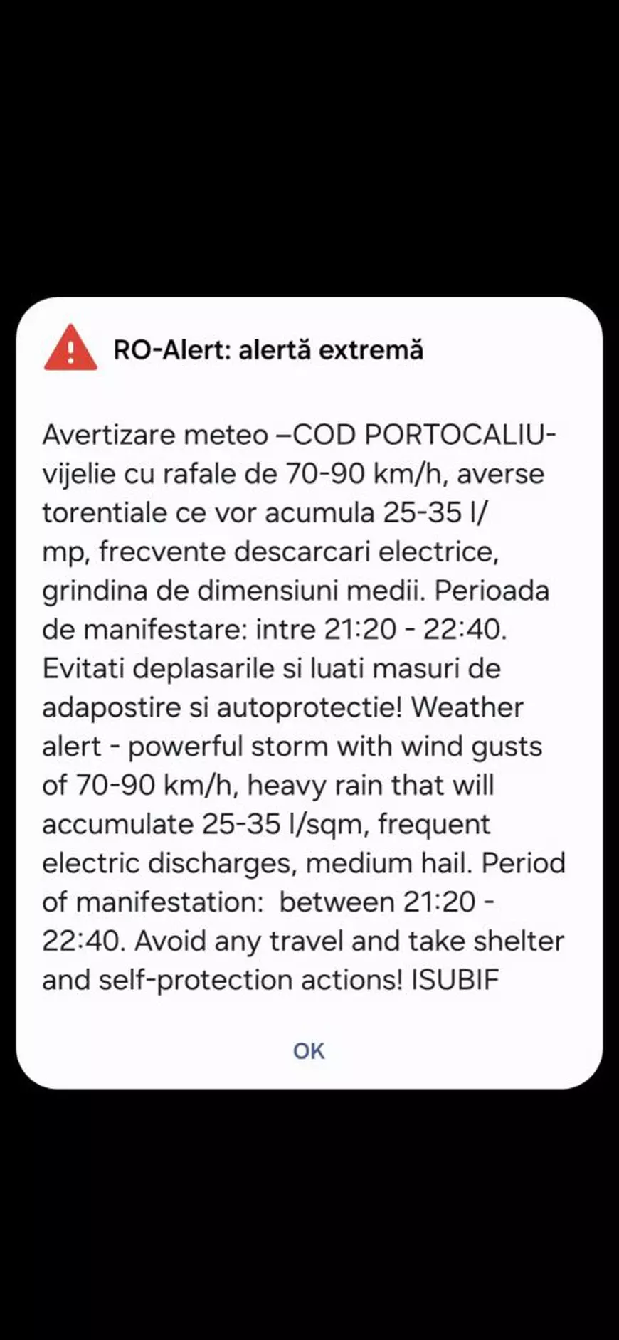 Imagine cu mesajul RO-Alert privind codul portocaliu de grindină și ploi torențiale, în București - 27 iunie 2025