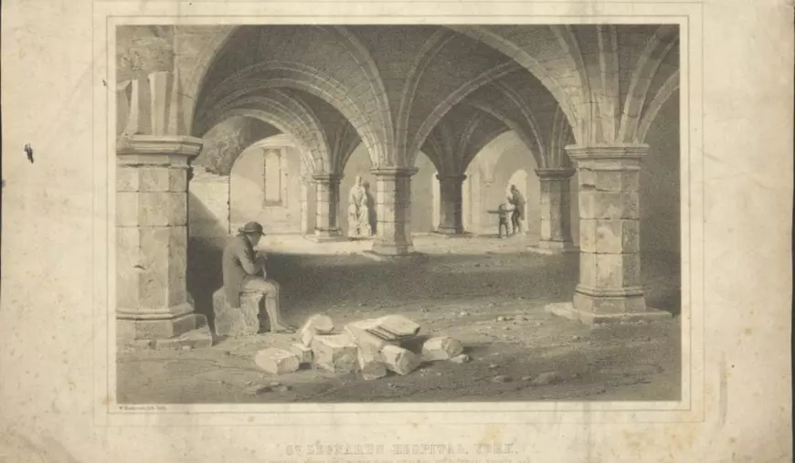 Schită în sepia, considerata o operă de artă victoriană care înfățișează Spitalul St. Leonard de pe Museum Street, Anglia. Se crede că acesta a fost cândva cel mai mare spital din nordul Angliei medievale, fondat la scurt timp după cucerirea normandă ( referință arhivă PHO/3/976)