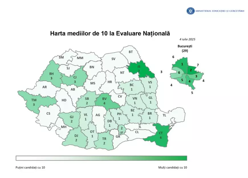 Rezultate Evaluare Națională Bucureşti 2025. Notele, publicate pe edu.ro - Imagine cu harta notelor de 10 la Evaluare Naţională 2025.