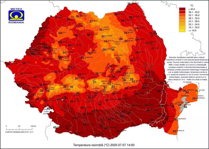 Județele sunt toate stacojii. Harta cu temperaturile resimțite în întreaga țară nu mai are mai multe culori