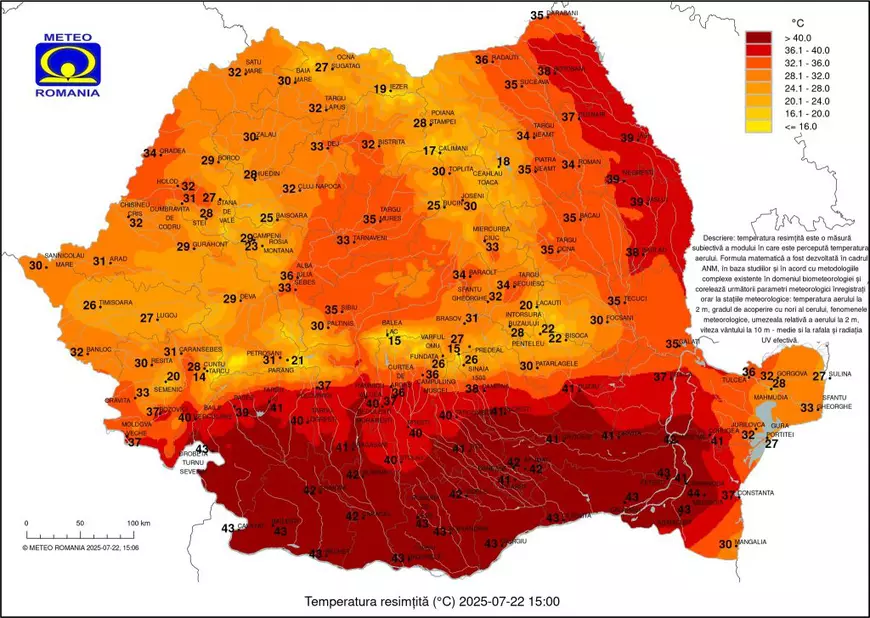 Orașul din România, cu peste 35.000 de locuitori, în care temperatura resimțită a ajuns la 44 de grade Celsius
