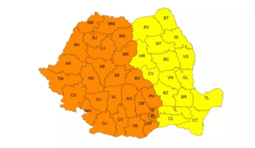 Harta politică a României, colorată în Galben și Portocaliu. Partea de vest și centru a hărții este colorată în portocaliu iar cea de est în galben