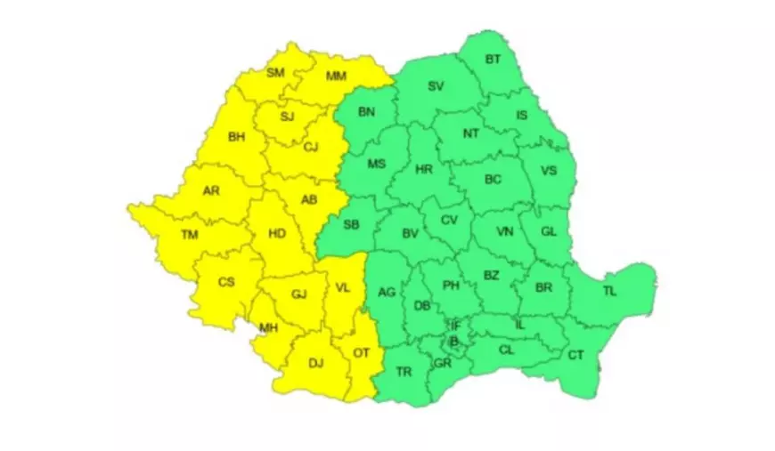 Harta politică a României, colorată în Galben și Verde. Partea de vest a hărții este colorată în galben iar cea de est în verde