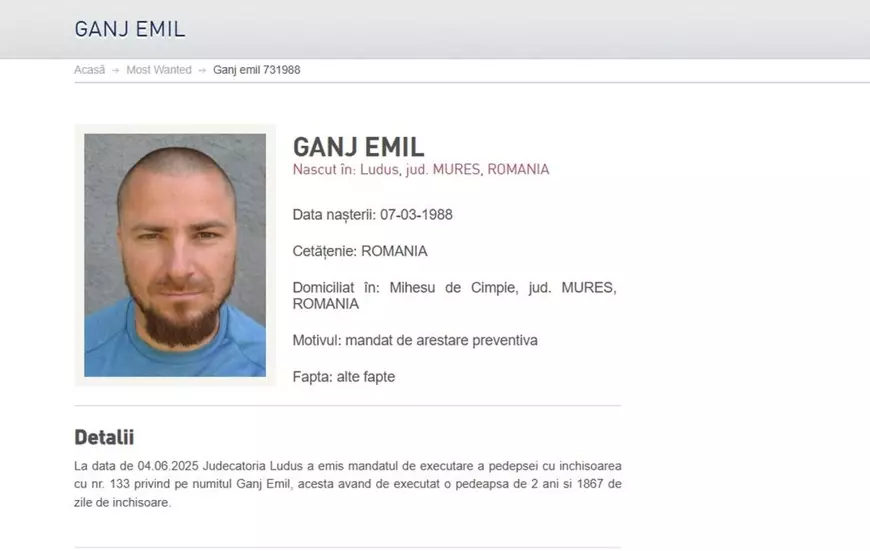 Fotografia lui Emil Gânj, pusă duminică, 13 iulie, pe site-ul Poliției Române