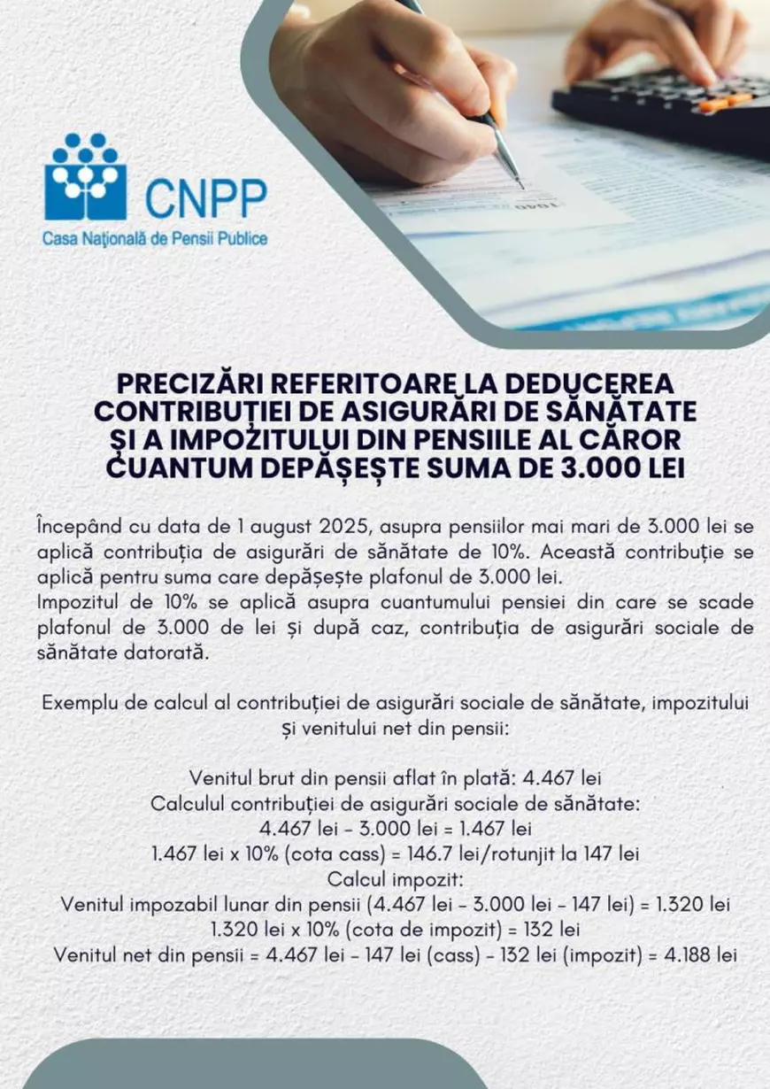 Pensionarii care pierd bani din august 2025. Exemplu de calcul - Casa de Pensii explică cum se aplică CASS și impozitul