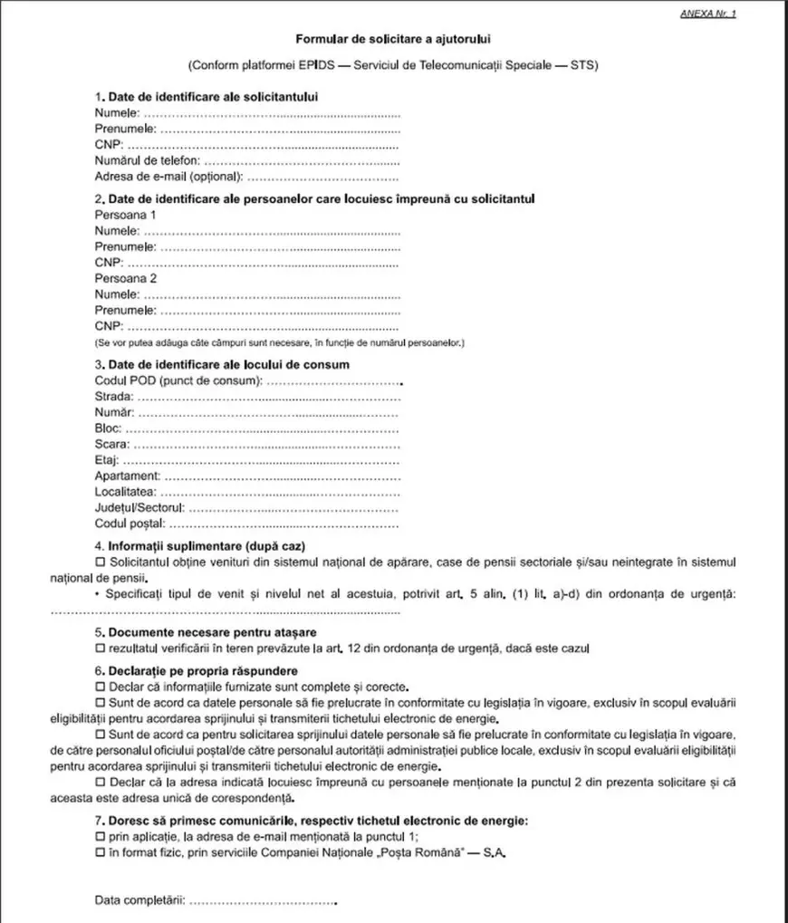 Model de formular pentru voucherele de 50 de lei la curentul electric. Cum arată și cum se completează cererea