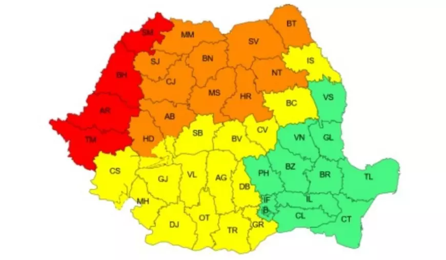 Harta județelor afectate de codurile roșu, portocaliu și galben de furtuni violente și averse torențiale, 7 iulie 2025