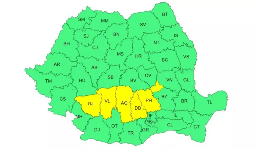 Harta județelor afectate de avertizarea de cod galben de ploi emisă de ANM pentru joi, 31 iulie 2025